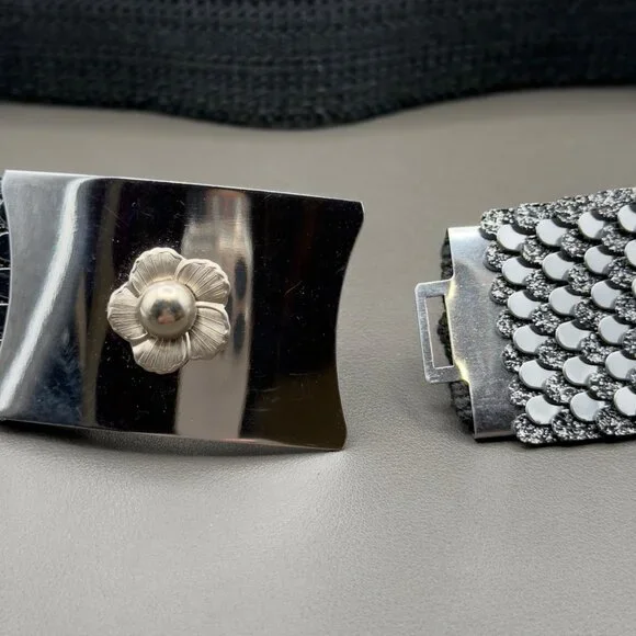 Vintage Women's Belt Small Medium Silver Fish Scale Metal Stretch Floral Buckle - Picture 10 of 15